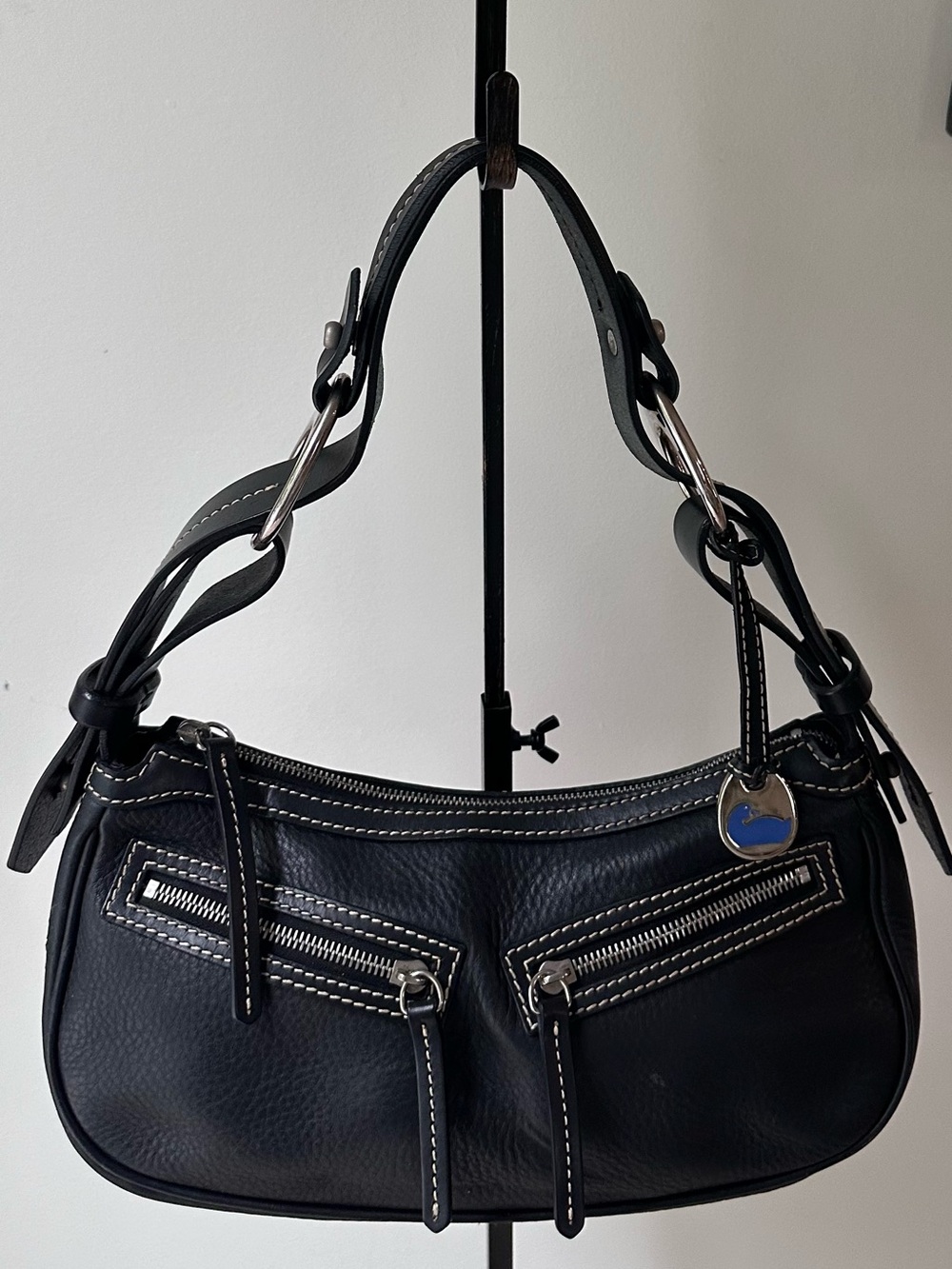 Dooney & Bourke Black Pebbled Leather Dillen Double Pocket Hobo Bag - Y2K